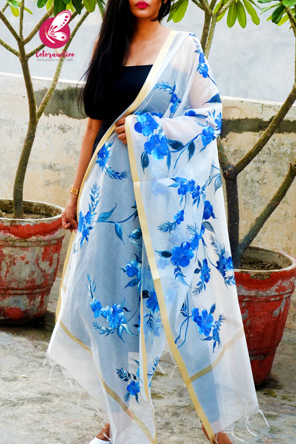 Off White Blue Floral Pure Organza Handpainted Stole