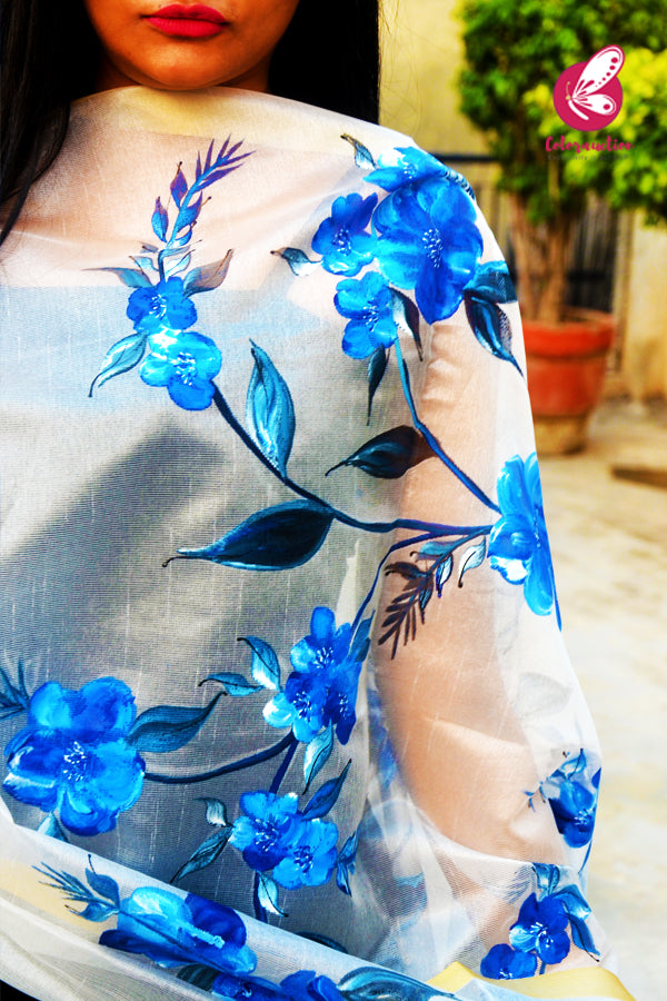 Off White Blue Floral Pure Organza Handpainted Stole