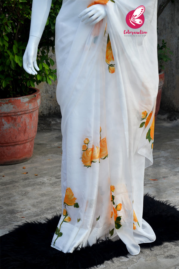 Off White Crepe Chiffon Yellow Golden Hand-painted Saree