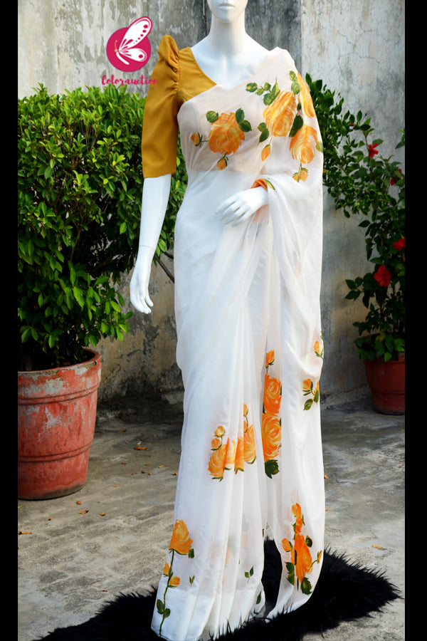 Off White Crepe Chiffon Yellow Golden Hand-painted Saree