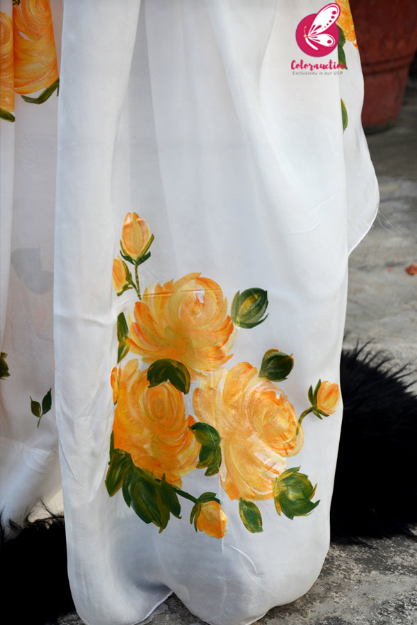 Off White Crepe Chiffon Yellow Golden Hand-painted Saree