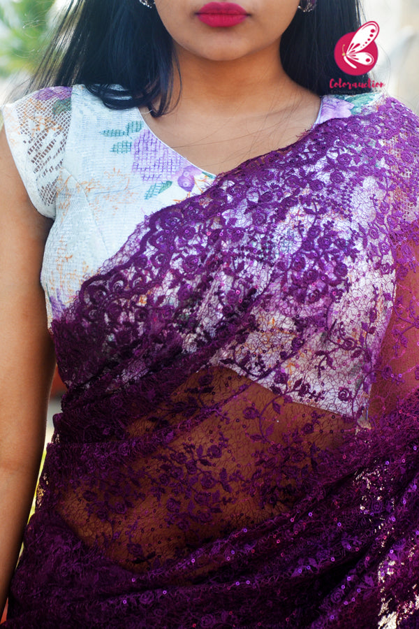 Wine Pure Satin Embroidered Net Half and Half Saree