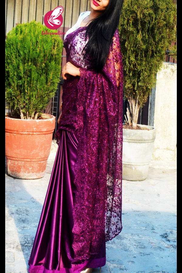 Wine Pure Satin Embroidered Net Half and Half Saree