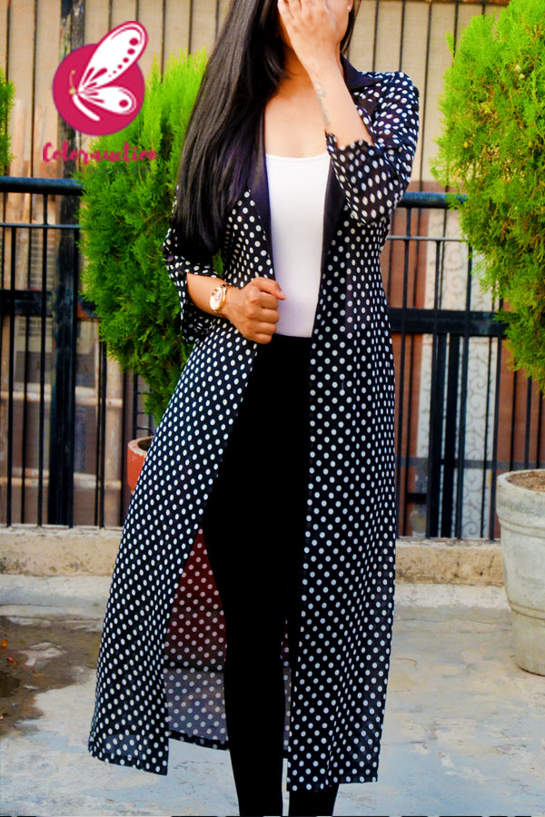 Black Georgette Polka Dots Printed Quarter Sleeves Long Shrug
