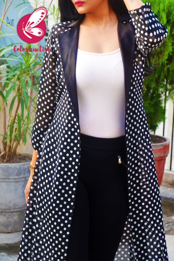 Black Georgette Polka Dots Printed Quarter Sleeves Long Shrug