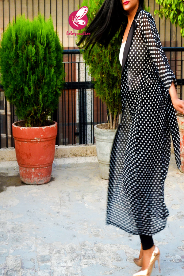 Black Georgette Polka Dots Printed Quarter Sleeves Long Shrug
