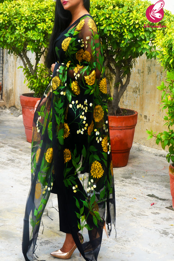 Black Pure Organza Golden Yellow Peonies Hand painted Stole