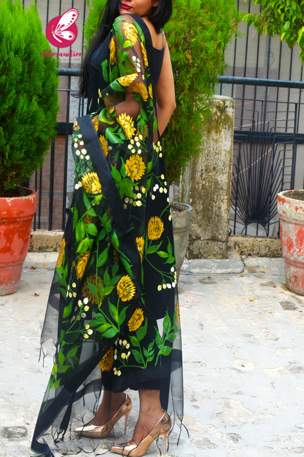 Black Pure Organza Golden Yellow Peonies Hand painted Stole