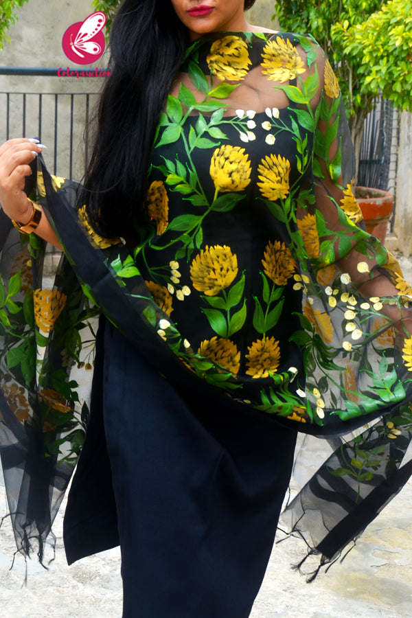 Black Pure Organza Golden Yellow Peonies Hand painted Stole