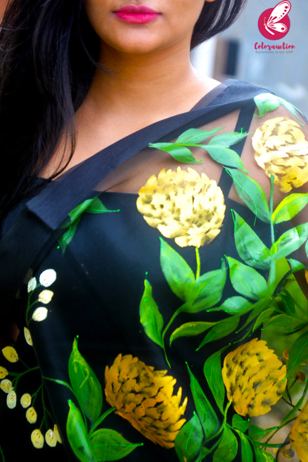 Black Pure Organza Golden Yellow Peonies Hand painted Stole