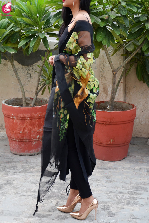 Black Organza Hand painted Floral Stole