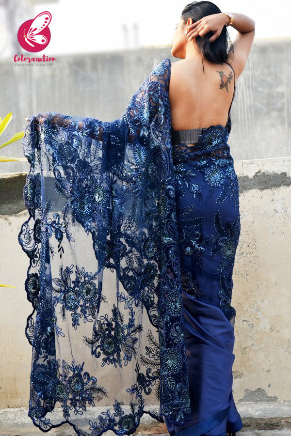 Blue Embroidered Half &amp; Half Satin Net Saree