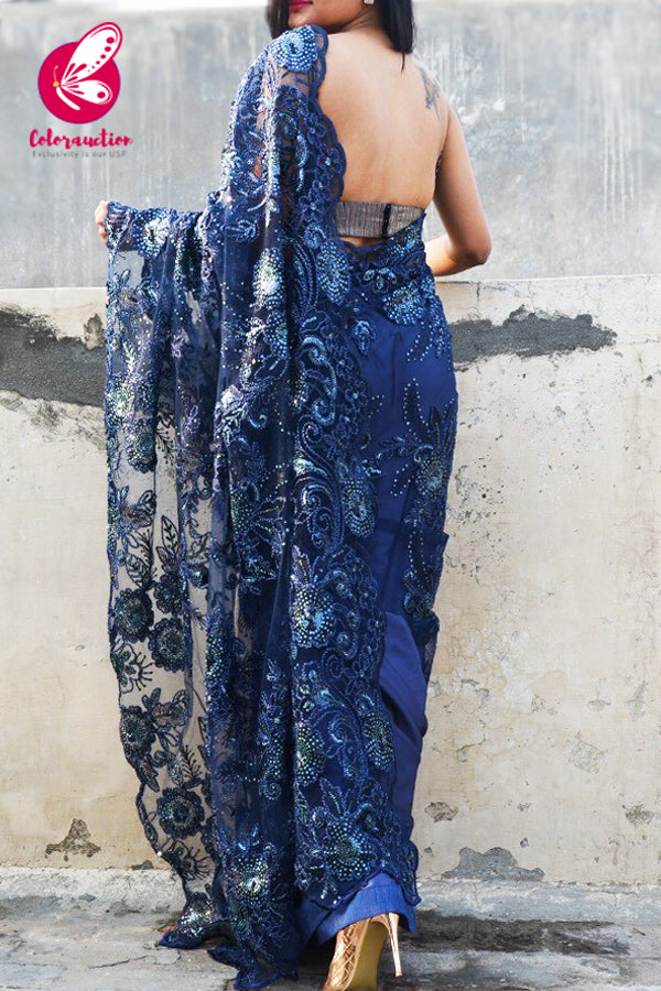 Blue Embroidered Half &amp; Half Satin Net Saree