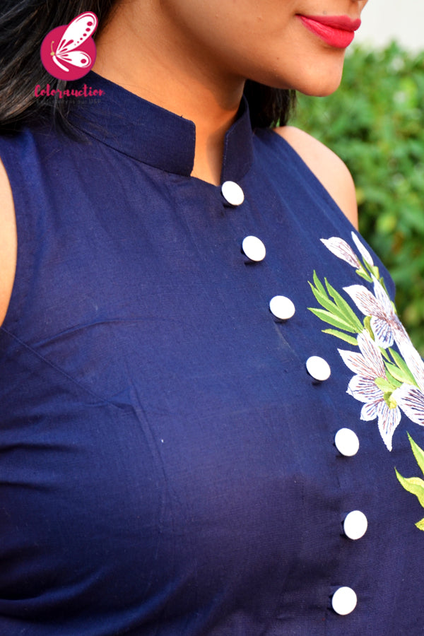 Navy Blue Pure Linen Embroidered Kurti with White Cotton Silk Pants