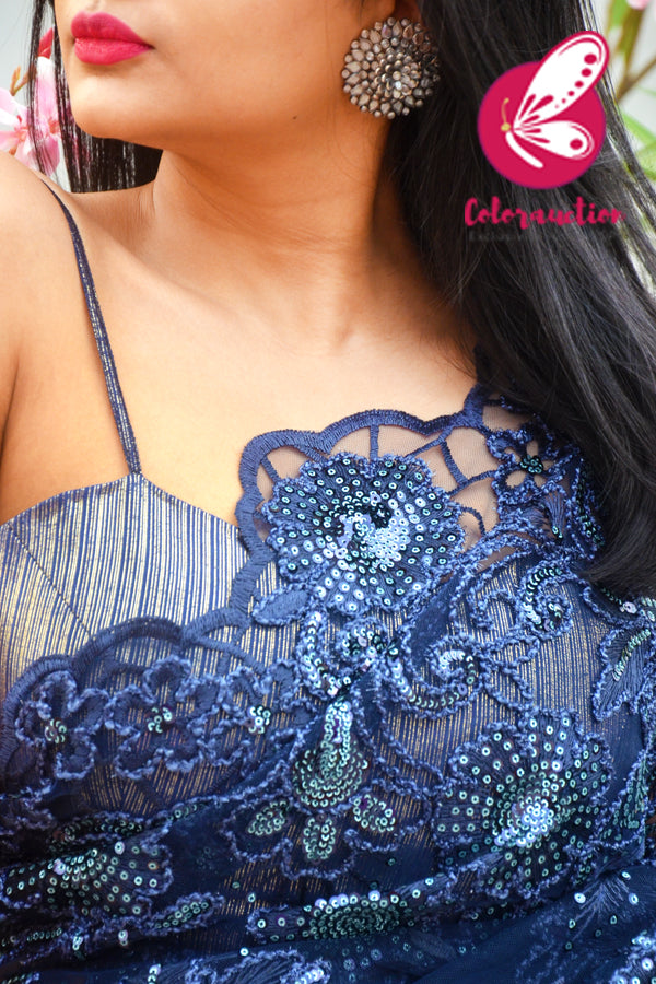Blue Embroidered Half &amp; Half Satin Net Saree