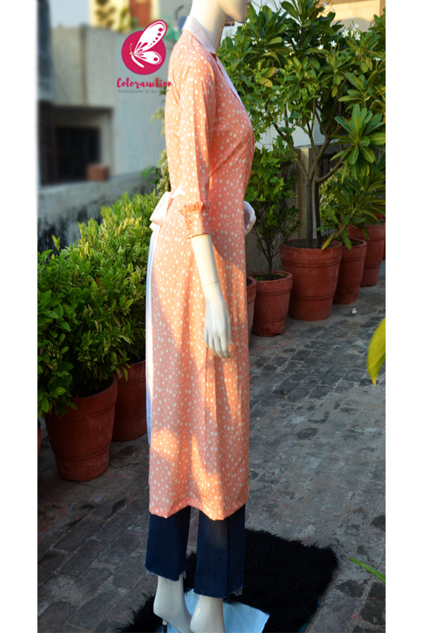 Peach &amp; White Crepe White Satin Collar &amp; White Satin Belt