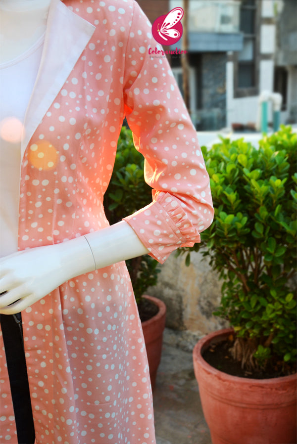 Peach &amp; White Crepe White Satin Collar &amp; White Satin Belt
