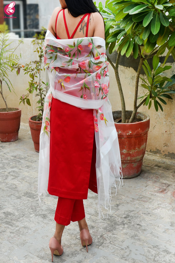 White Organza Hand painted Colorful Floral Red Stole