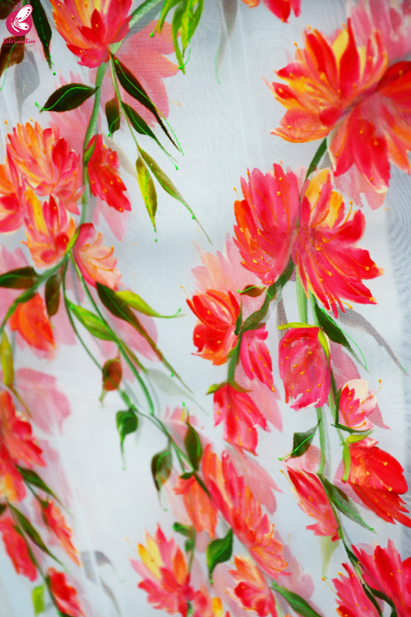 White Organza Hand painted Colorful Floral Red Stole