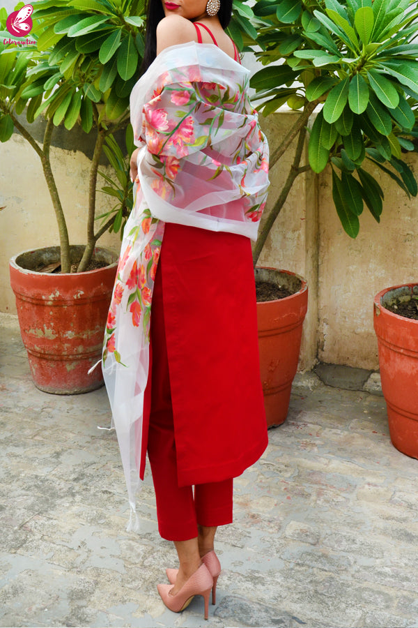 White Organza Hand painted Colorful Floral Red Stole