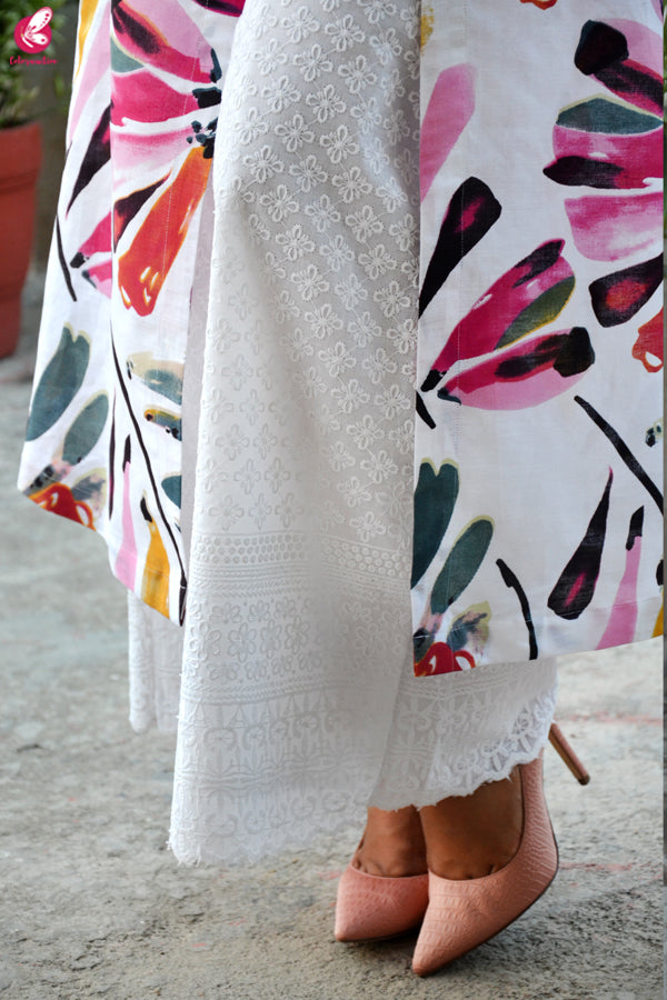 White Printed Pure Linen Kurti with White Chikankari Cotton Full lining Palazzo