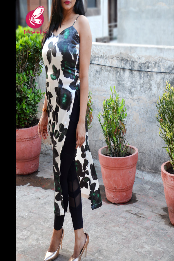 White & Green Printed Satin Strappy Kurti