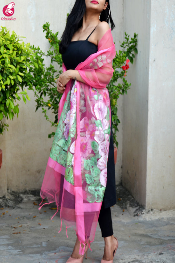 Light Pink Organza Hand painted Floral Stole