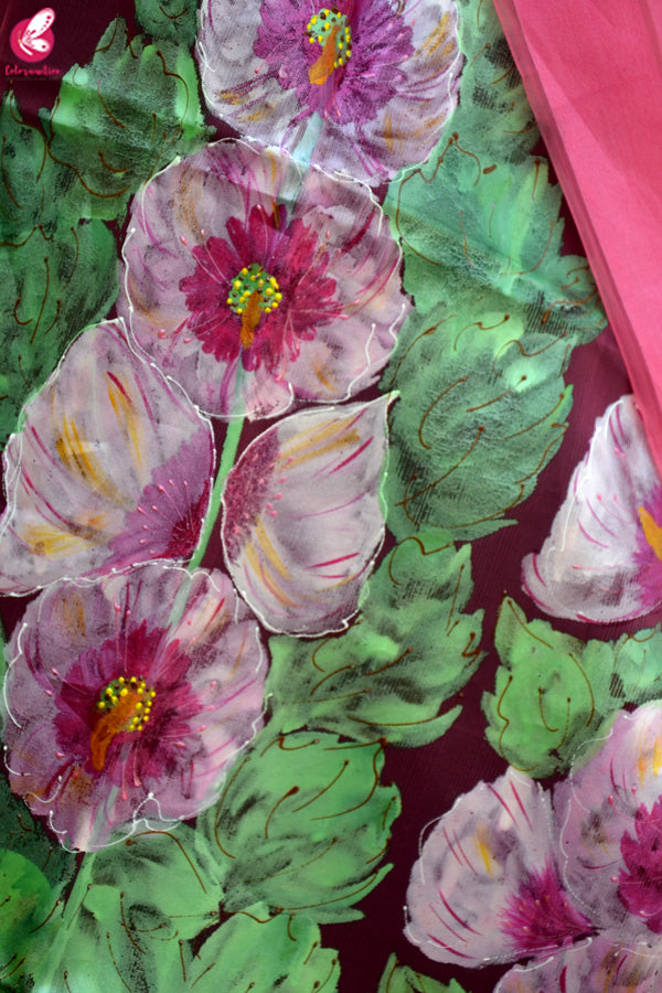 Light Pink Organza Hand painted Floral Stole