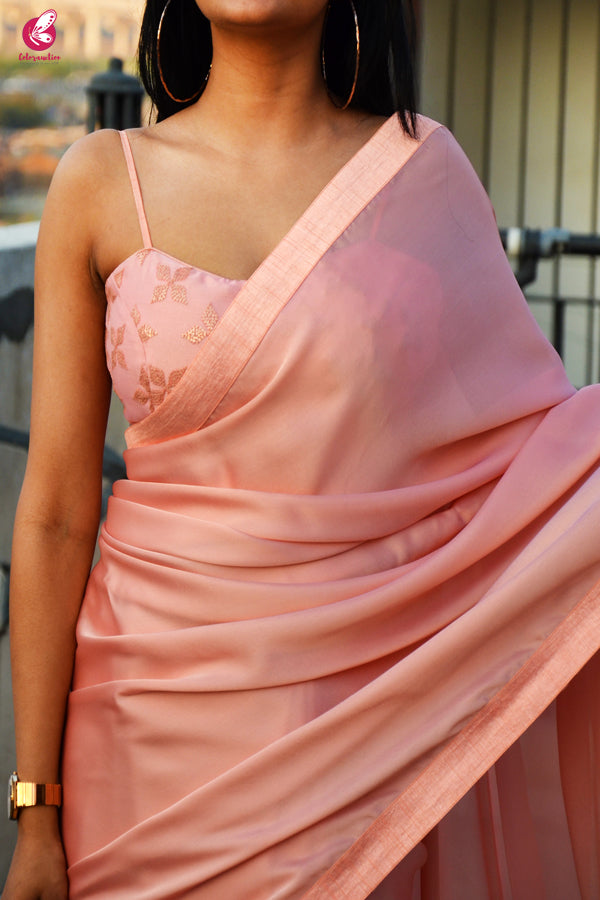 Peach Silk Georgette Dupion Silk Taping Saree