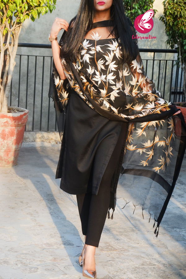 Black Pure Organza Peach Floral Hand painted Stole
