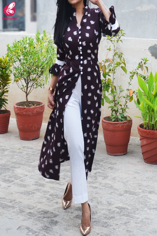 Dark Purple Cotton Silk Printed Front Slit Kurti