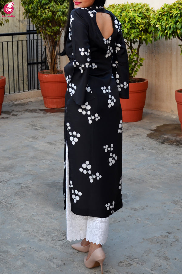 Black &amp; White Printed Pure Silk Kurti with Lakhnawi Cotton Full Lining Palazzo