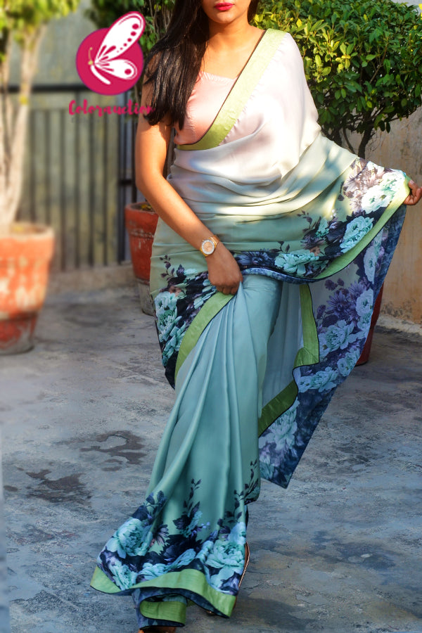 Olive Green Printed Satin Dupion Taping  Black Piping Saree
