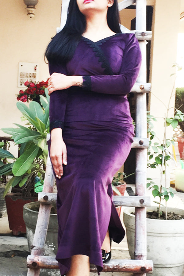 Purple Velvet Lacy Maxi Dress