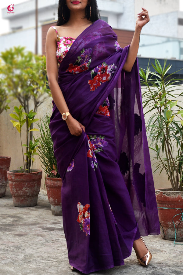 Purple  Organdy Applique Floral Saree