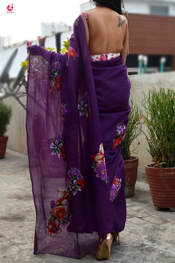 Purple  Organdy Applique Floral Saree