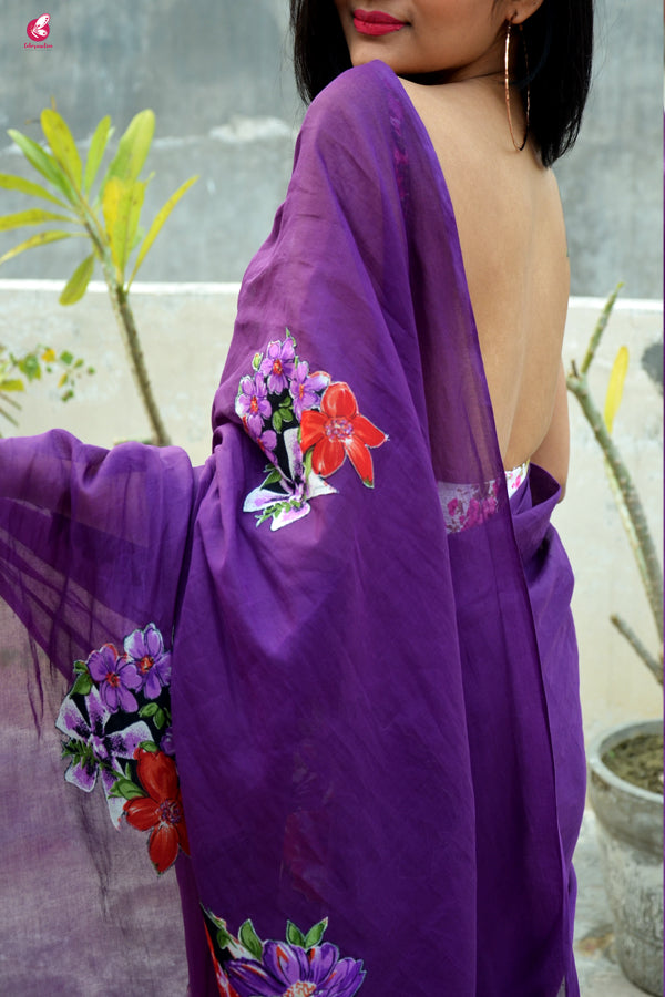Purple  Organdy Applique Floral Saree