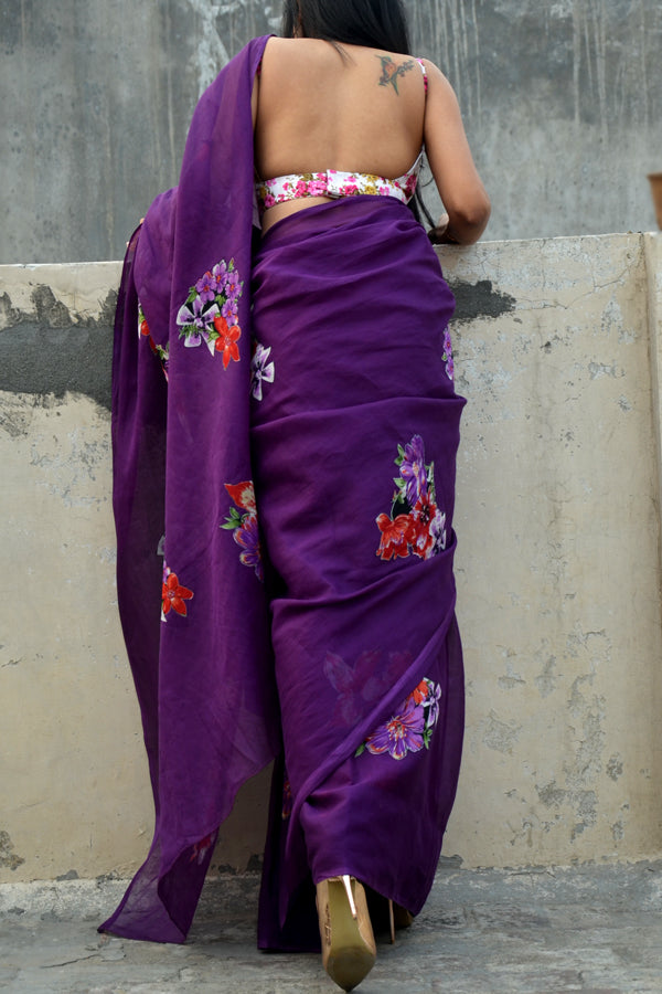 Purple  Organdy Applique Floral Saree