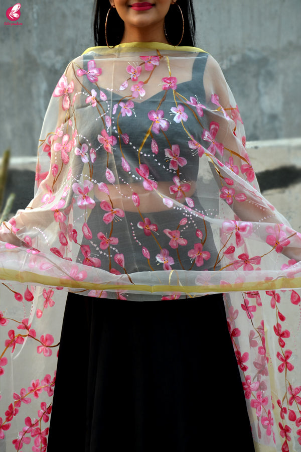 White Organza Handpainted  Floral Stole