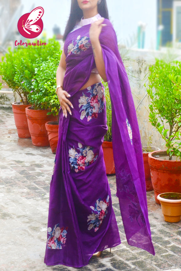 Purple Organdy Floral Applique Saree