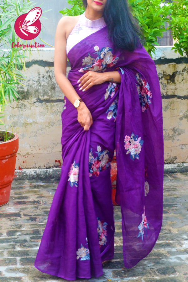 Purple Organdy Floral Applique Saree