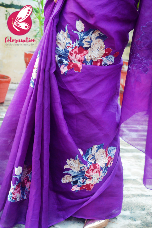 Purple Organdy Floral Applique Saree
