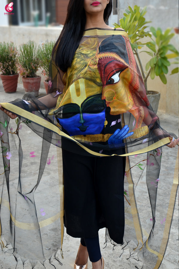 Black Handpainted Radha Krishna Organza Stole
