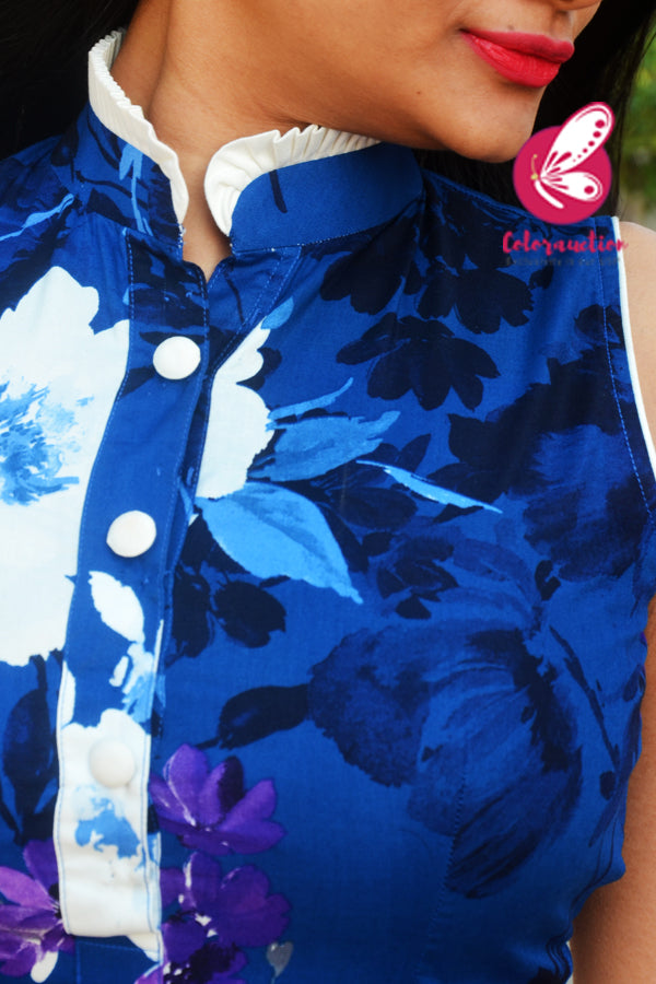 Blue Rayon Printed Floral Kurti with White Cotton Silk Pants Kurti Set