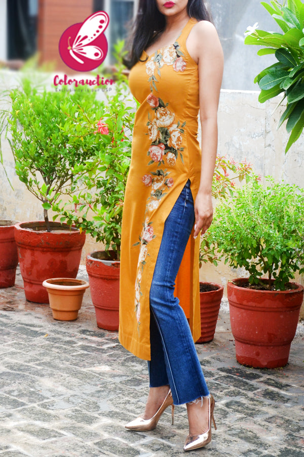 Mustard Golden Cotton Silk Sleeveless Patch Work Kurti
