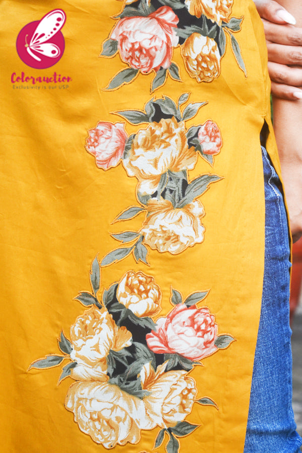 Mustard Golden Cotton Silk Sleeveless Patch Work Kurti