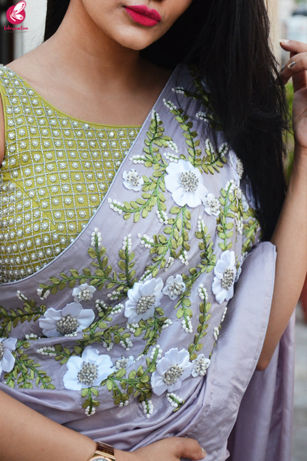 Lavender Grey Pure Silk Floral Ribbon Handwork Saree
