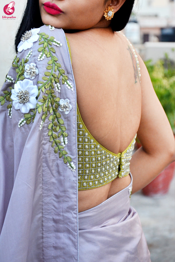 Lavender Grey Pure Silk Floral Ribbon Handwork Saree