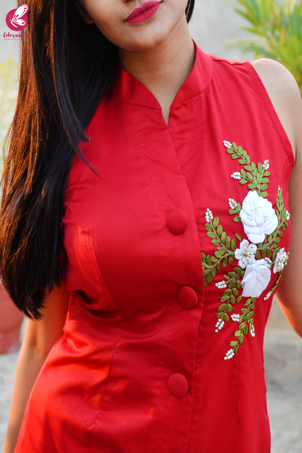 Red Ribbon Handwork Cotton Silk Kurti with Red Cotton Silk Pants