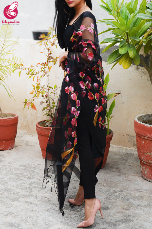 Black Organza Red Hand painted Stole